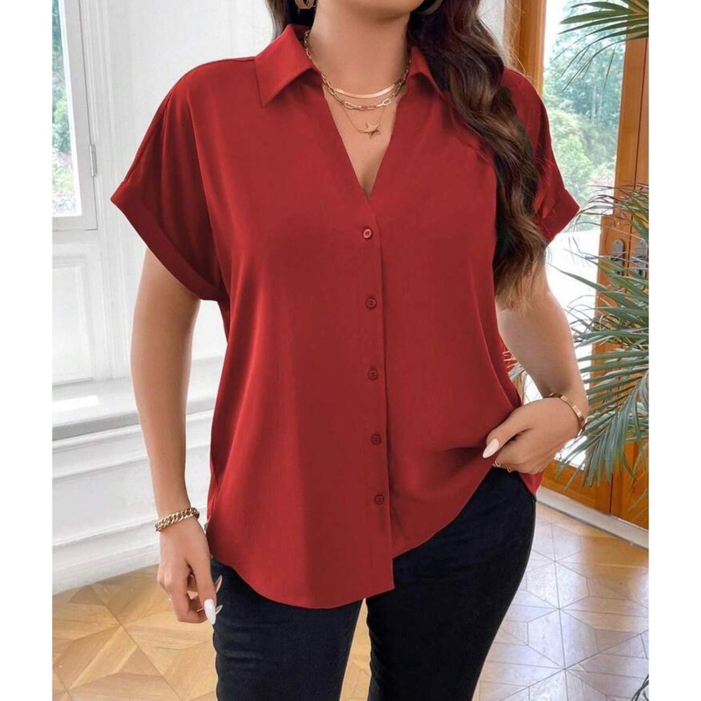SHEIN Womens Red Short Sleeve Button Down Blouse Chest Pocket Top